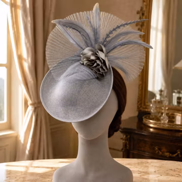 Silver Grey Fascinator Hat for Women, Feather Fan Rose Headpiece, Royal Ascot Wedding Guest Kentucky Derby Hat