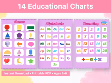14 Preschool Learning Charts Printable | Educational Wall Posters PDF | Homeschool Classroom Decor