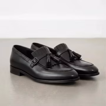 Men’s handmade black leather tassel loafers, fringe buckles shoes