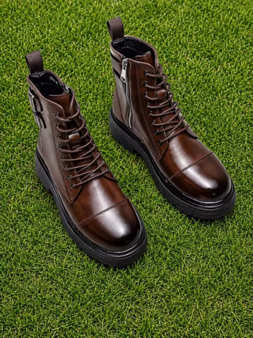 Leather Combat, Lace Up Ankle, Cap Toe Zipper Chunky Sole Boots