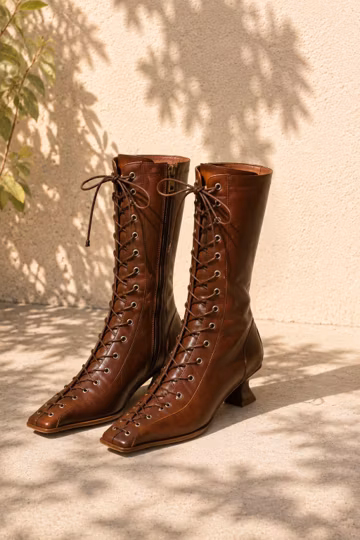 Leather Lace Up, Vintage Square Toe Mid Calf, Victorian Style Kitten Heel Boots