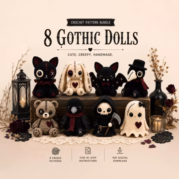 Gothic Crochet Pattern Bundle PDF, 8 Spooky Amigurumi Dolls, Halloween Plush, Instant Download