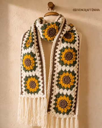 Sunflower Crochet Scarf, Handmade Granny Square Scarf, Cottagecore Gift, Crochet Accessory,Stripe Scarf, Lambswool Multi-Coloured stripe