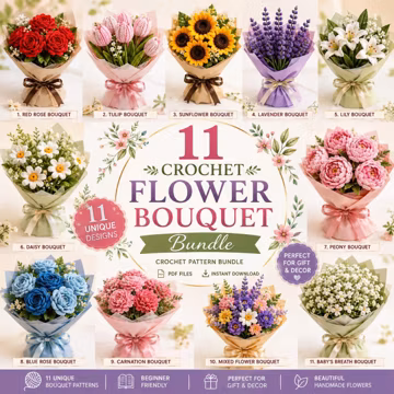 11 Crochet Flower Bouquet Patterns Bundle, Crochet Flowers Gift (PDF Download)
