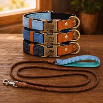 Personalized Denim Dog Collar and Leash Set, Custom Engraved Name Phone Buckle, Adjustable Padded Pet Collar for Dogs