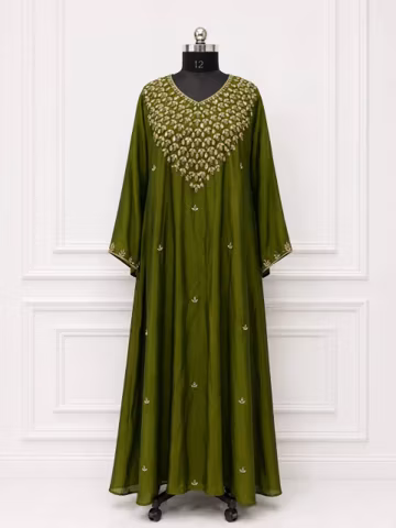 Green Hooded Kaftan Dress Women, Hand Embroidered Beaded Abaya Maxi Dress,