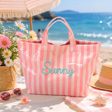 Personalized Striped Tote Bag, Custom Name Beach Bag, Waterproof PVC Carryall