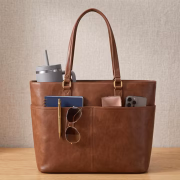 Vintage PU Leather Work Tote Bag: 15.6 Inch Laptop, Cup Holder, Organizer Bag