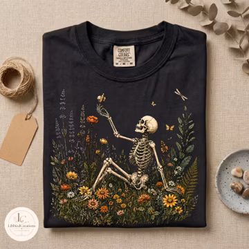 Spooky Season Floral Skeleton TShirt, Vintage Halloween Butterfly Meadow Shirt, Cute Spooky Botanical Graphic Tee, Forest Green Goth Top