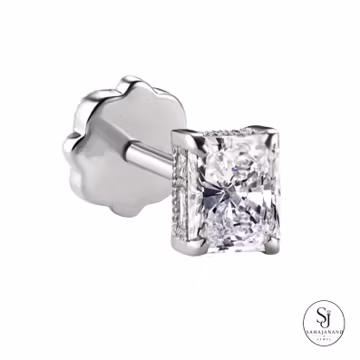 Radiant Cut Moissanite Threaded Stud 16G | 925 Silver Flat Back Earring | Milgrain Engraved Cartilage Helix Piercing | Vintage Style Jewelry