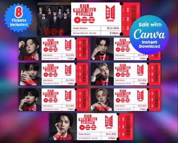 BTS World Tour 2026 Concert Ticket Editable Canva Template, 8 Designs, Digital Download