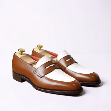 Handmade Two-Tone Leather Penny Loafers: Brown & White Slip-Ons