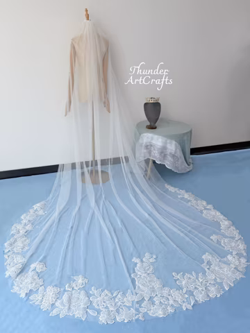 Large Flower Embroidered Cathedral Length Veil, White Peony Rose Hydrangea Lily Lace Wedding Veil