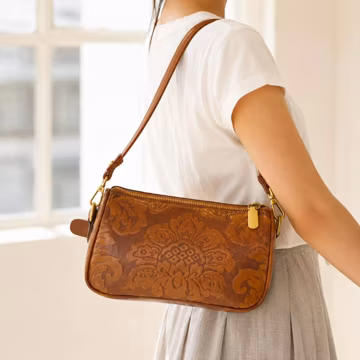 Brown Embossed Floral Leather Shoulder Bag, Vintage Crossbody Purse for Women