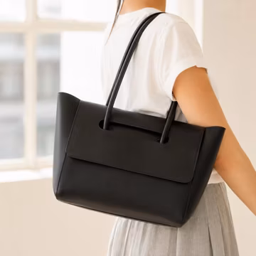 Minimalist Black Leather Tote Bag, Large Capacity Work Handbag for Women