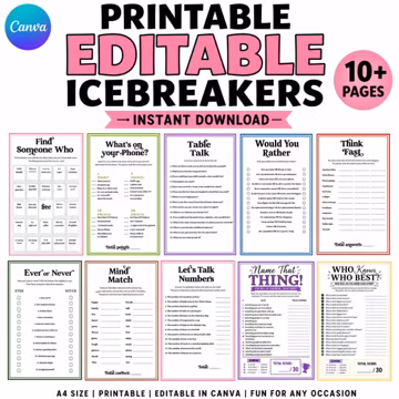 Editable Icebreaker Games Bundle 10+ Pages Canva Template, Printable A4 Party Games, Conversation Starters, Group Games,Instant Download PDF
