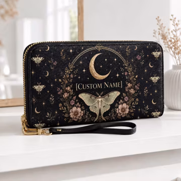 Personalized Luna Moth Wallet, Custom Name Celestial Wristlet, Gothic Floral Clutch, Witchy Moon Purse, Cottagecore Gift for Her