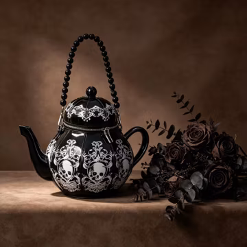 Gothic Skull Teapot Shaped Handbag, Black Beaded Novelty Crossbody Purse