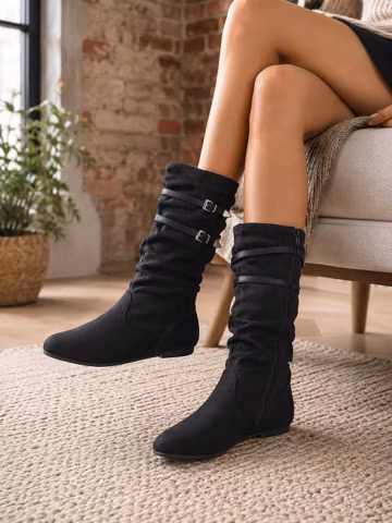 Women Suede Mid Calf Boots Low Heel Slouchy Boots Black Buckle Boots Side Zipper Casual Fall Shoes Soft Faux Suede Western Style Boots