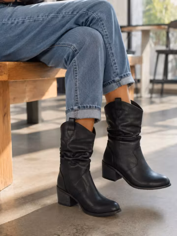 Black Slouch Boots for Women, Mid Calf Western Boots, Round Toe Booties, 1.18-1.97 Inch Block Heel, Synthetic Leather Casual Fall Shoes