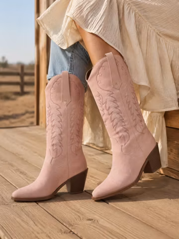 Pink Embroidered Cowgirl Boots for Women, High Heel Faux Leather Western Boots, Pointed Toe Pull On Mid Calf Rodeo Festival Country Boots