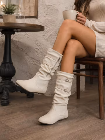 Women’s Suede Slouch Boots Low Heel Mid Calf Boots Cream Ankle Boots Soft Folded Shaft Buckle Strap Boots Casual Fall Fashion Shoes