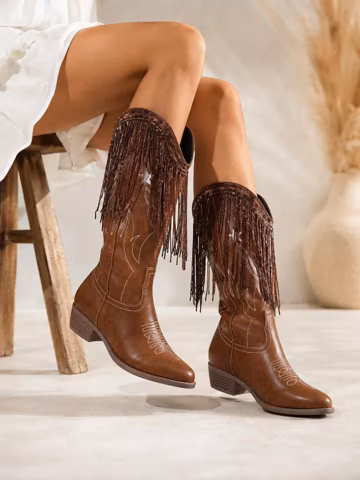 Fringe Western Cowboy Boots for Women Brown Mid Calf Boots Boho Cowgirl Shoes Embroidered PU Leather Boots Low Heel Festival Fashion