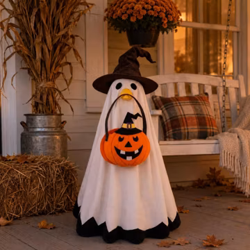 Ghost Costume for 23 Inch Porch Goose, Halloween Outfit with Pumpkin Treat Bag, Spooky Fall Patio Farmhouse Decor