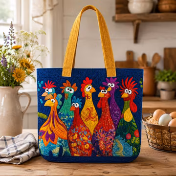 Colorful Chicken Quilted Tote Bag, Funny Hen Shoulder Bag, Farmhouse Market Tote, Chicken Lover Gift, Reusable Grocery Bag