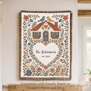 Personalized Housewarming Gift for Couple | Cottage House Woven Blanket