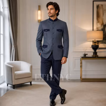 Men Greyish Blue Chinese Tunic Suit Mandarin Collar Suit, Mao Jacket Suit, Chic Formal Suit, Bespoke Wedding Outfit Custom Tailored Men Suit