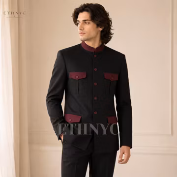 Men's Black Chinese Tunic Suit, Mandarin Collar Suit, Mao Jacket Suit, Chic Formal Wedding Suit, Bespoke Groom Outfit