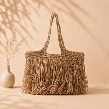 Handmade Boho Fringe Tote Bag, Large Woven Straw Shoulder Bag for Women