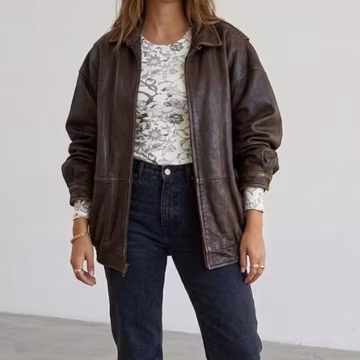 Handmade 90s Women Vintage Brown Leather Bomber Jacket | Real Sheepskin Leather Baggy Jacket
