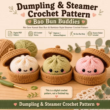 Dumpling & Steamer Crochet Pattern PDF, No Sew Bao Bun Plushie, Easy Beginner Amigurumi Food Tutorial, Kawaii Plush