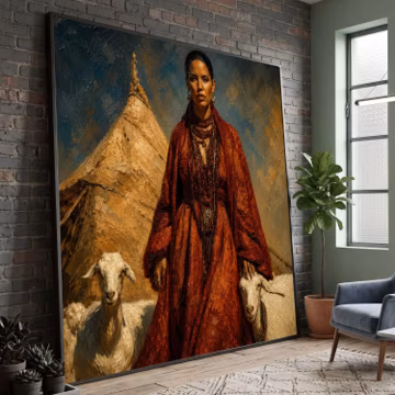 Tribal Woman Red Dress Canvas, Ethnic Portrait Wall Art, Nomadic Life Scene, Rustic Home Decoration, Bohemian Style Canvas