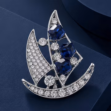 Vintage Blue Crystal Sailboat Brooch, Rhinestone Ship Pin, Nautical Ocean Jewelry, Silver Tone Brooch, Gift for Women, Coat Lapel Pin