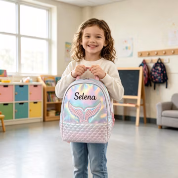 Custom Name Mermaid Tail Backpack, Iridescent Scale Girls Kindergarten Bag, Holographic PU Children Backpack, Birthday Gift