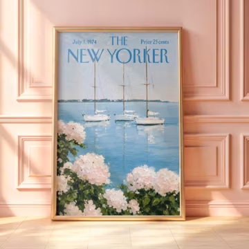 Vintage New Yorker Sailboat Poster, Coastal Harbor Wall Art, Hydrangea Seaside Print, Nautical Magazine Cover, New England Summer