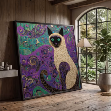 Elegant Siamese Cat Canvas Wall Art, Abstract Swirls Design, Purple and Teal Home Decoration, Modern Animal Canvas, Ready to Hang Artwork