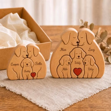 Personalized Wooden Dog Family Puzzle, Custom Engraved Name Keepsake, Laser Cut Family Members Sign, New Parents Housewarming Gift
