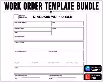 Work Order Template Bundle, Editable Canva Job Form, Contractor Service Work Order, Repair & Maintenance Receipt, Printable Form