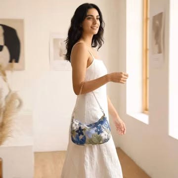 Blue Floral Sequin Shoulder Bag, Embroidered Crescent Hobo Purse, Chain Strap Garden Party Evening Bag