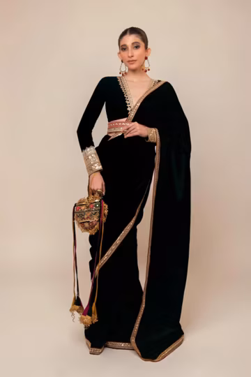 Black Velvet Saree with Maroon Embroidered Border, Designer Party Wear Indian Ethnic Wear