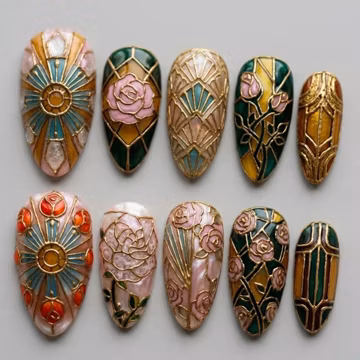 Art Deco Press On Nails, Stained Glass Floral Manicure, Vintage Luxury Fake Nails, Elegant Handmade Gold Line Art, Sophisticated Set