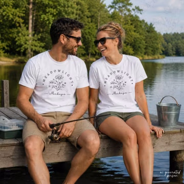 White Gildan 5000 Mockup Bundle of Couple Fishing, Front and Back View, Lake Lifestyle PNG, Angeln Mockup, Digital Download