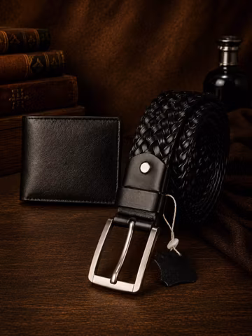 Pair of Cow Leather Wallet With Handmade Black Braided Belt For Men | Genuine Bifold Wallet | Premium belt For Men | Aashir Leather