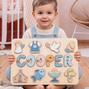 Baptism gift, Christening keepsake, First Communion gift, Religious baby gift, Personalized name puzzle, Montessori wooden toy