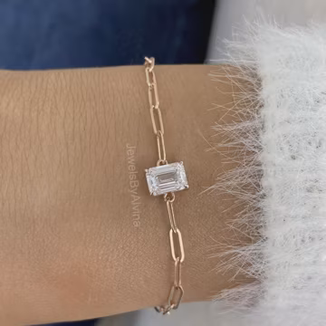 925 Sterling Silver Chain Bracelet, Solitaire Emerald Cut GRA Certified VVS1 Moissanite Bracelet, 18K Rose Gold Plated Bracelet Gift for Her