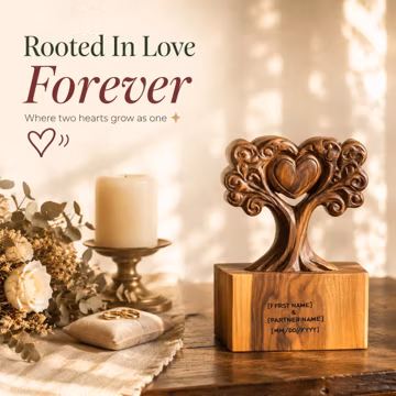 3D Walnut Wood Carving Floral Statue | Custom Names Keepsake Gift, Botanical Art Decor | Practical Mantel Ornament Timber Relic